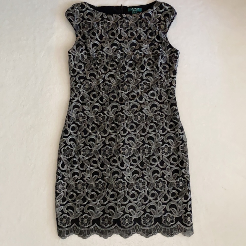 {NWT} Lauren Ralph Lauren | Metallic Embroidered Sheath Dress Black Pewter 12 - Picture 16 of 16